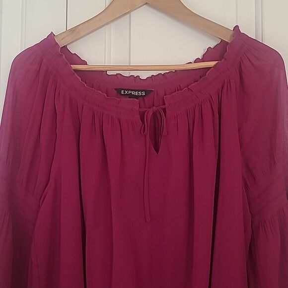 EXPRESS Peasant Blouse Semi Sheer Long Sleeve Fuschia Pink Size M - Picture 2 of 11